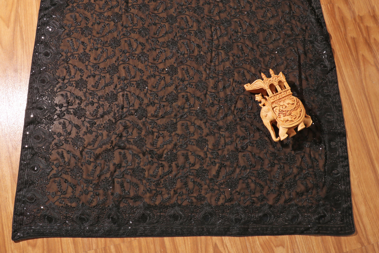 Midnight Elegance Embroidered Black Saree 084