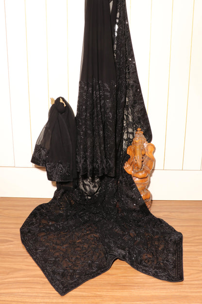 Midnight Elegance Embroidered Black Saree 084