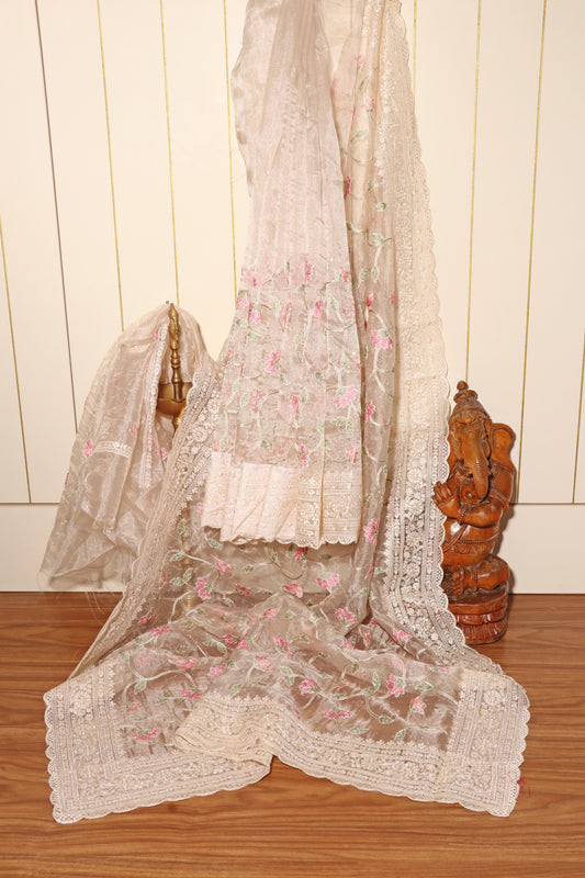 Lotus Bloom Ivory Net Saree 087