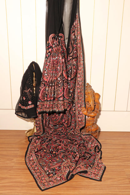 Black Kashmiri Embroidered Georgette Saree with Gold Highlights 089