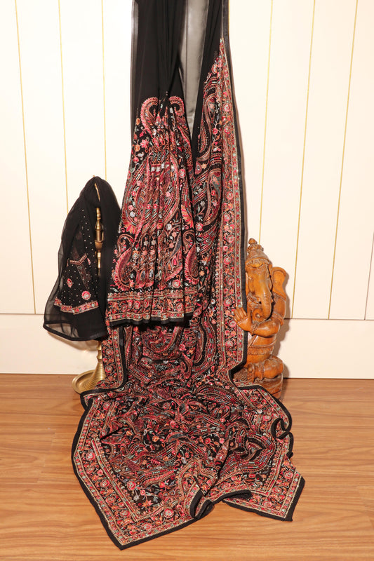 Black Kashmiri Embroidered Georgette Saree with Gold Highlights 089
