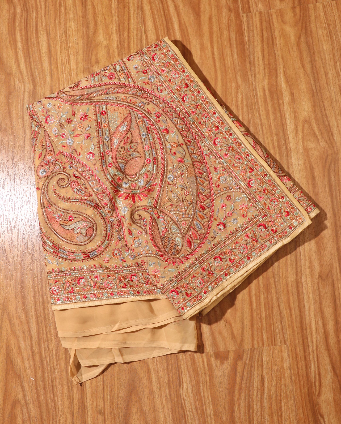 Champagne Beige Kashmiri Embroidered Georgette Saree with Gold Accents 090