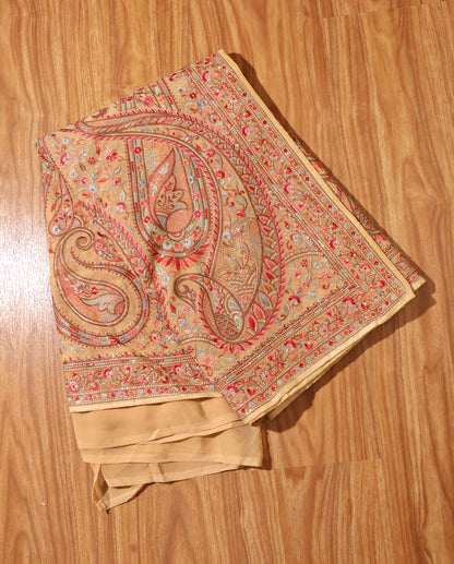 Champagne Beige Kashmiri Embroidered Georgette Saree with Gold Accents 090