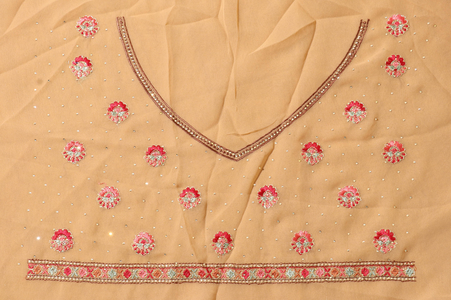 Champagne Beige Kashmiri Embroidered Georgette Saree with Gold Accents 090