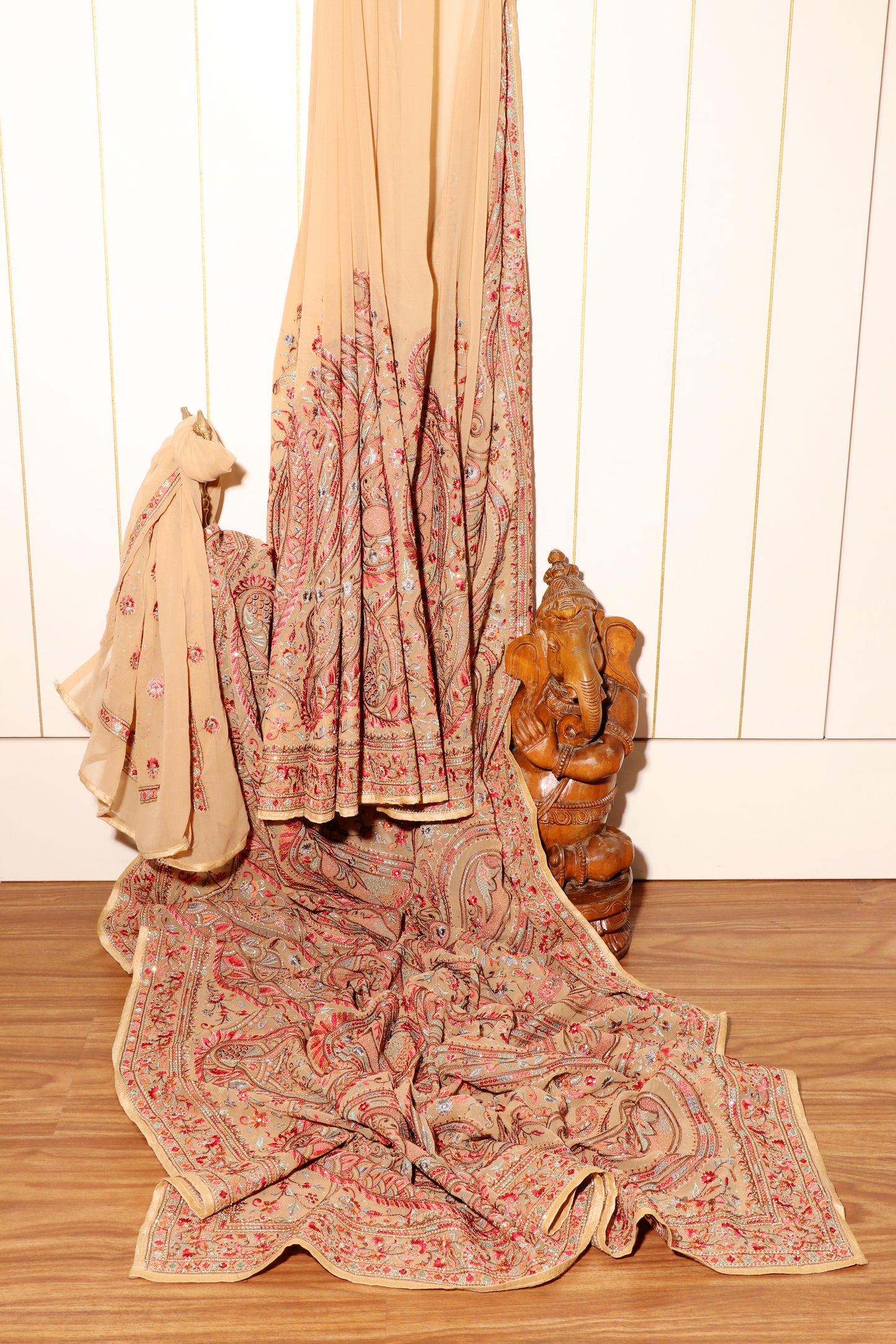 Champagne Beige Kashmiri Embroidered Georgette Saree with Gold Accents 090