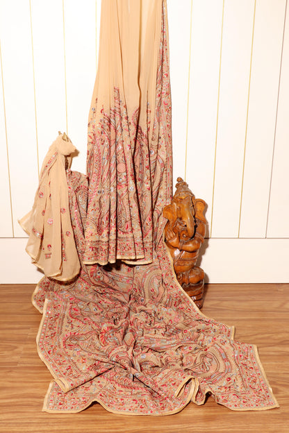 Champagne Beige Kashmiri Embroidered Georgette Saree with Gold Accents 090