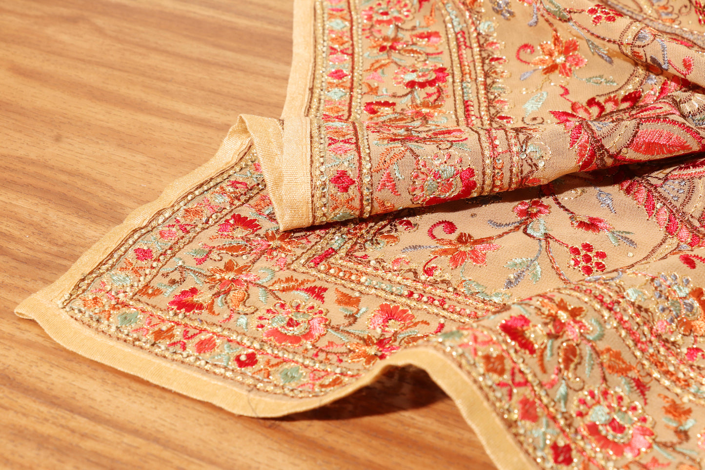 Champagne Beige Kashmiri Embroidered Georgette Saree with Gold Accents 090