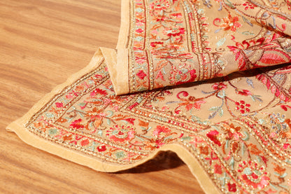 Champagne Beige Kashmiri Embroidered Georgette Saree with Gold Accents 090