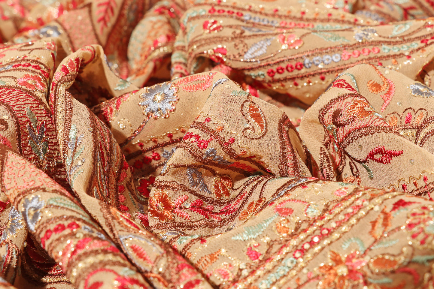 Champagne Beige Kashmiri Embroidered Georgette Saree with Gold Accents 090