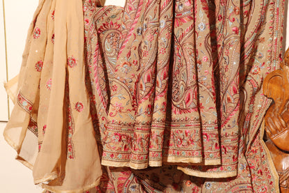 Champagne Beige Kashmiri Embroidered Georgette Saree with Gold Accents 090