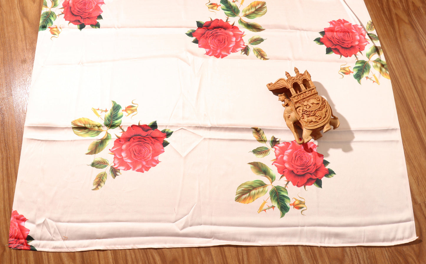 Pale Beige Satin Silk Saree with Sabyasachi-Inspired Roses & Contrast Khadi Silk Blouse 091
