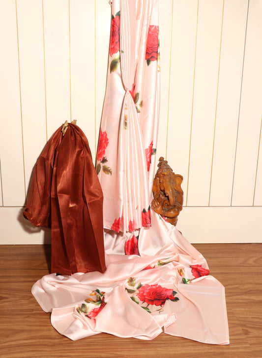 Pale Beige Satin Silk Saree with Sabyasachi-Inspired Roses & Contrast Khadi Silk Blouse 091