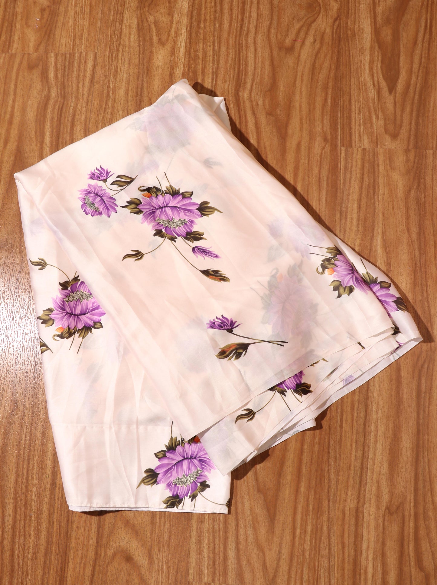 Pale Beige Satin Silk Saree with Purple Chrysanthemums & Orange Khadi Contrast Blouse 092