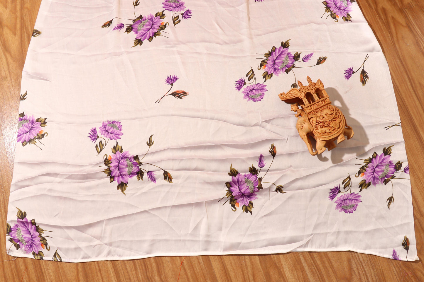 Pale Beige Satin Silk Saree with Purple Chrysanthemums & Orange Khadi Contrast Blouse 092