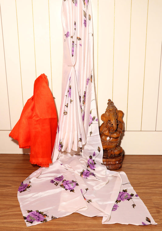 Pale Beige Satin Silk Saree with Purple Chrysanthemums & Orange Khadi Contrast Blouse 092