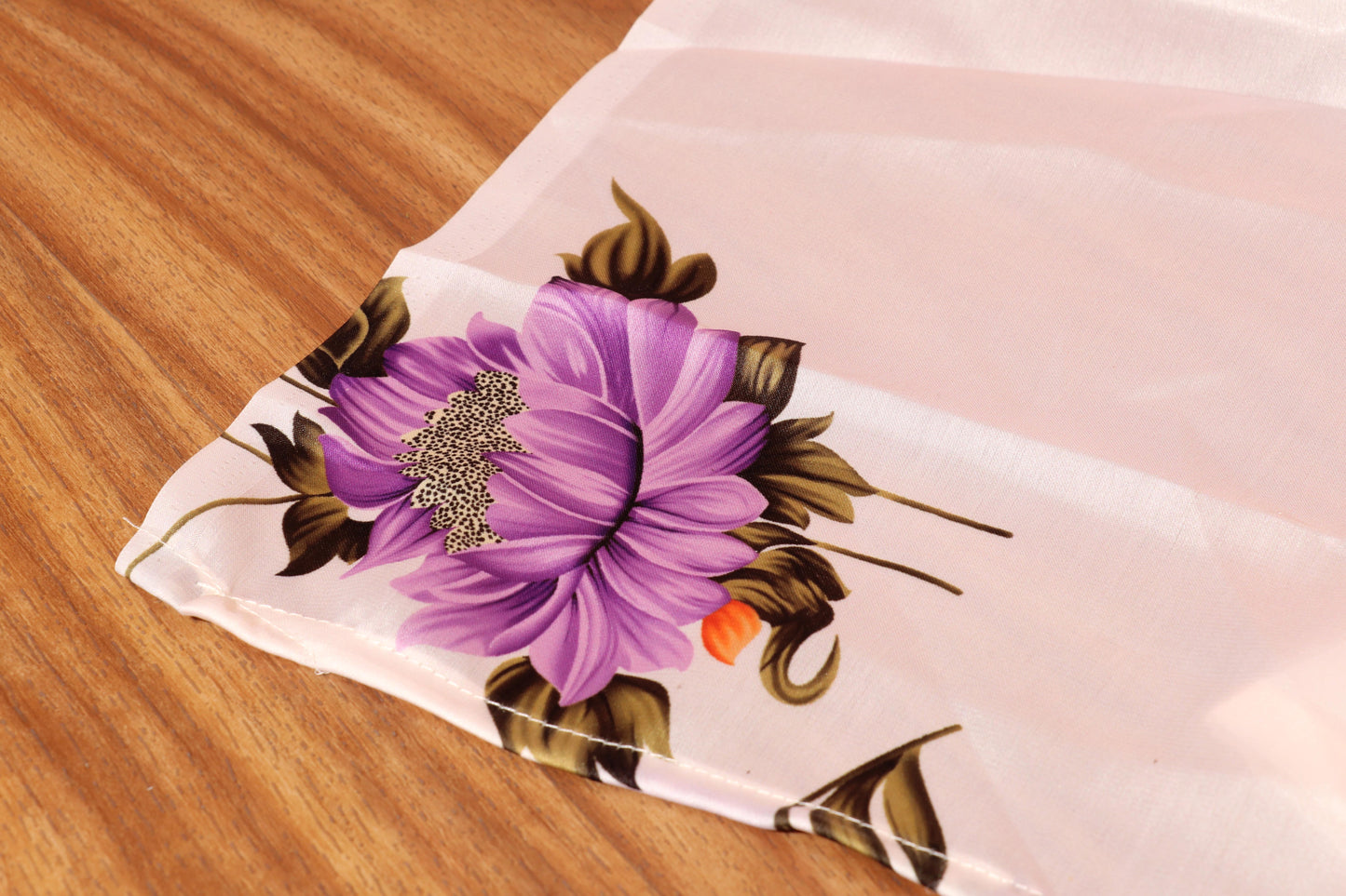Pale Beige Satin Silk Saree with Purple Chrysanthemums & Orange Khadi Contrast Blouse 092