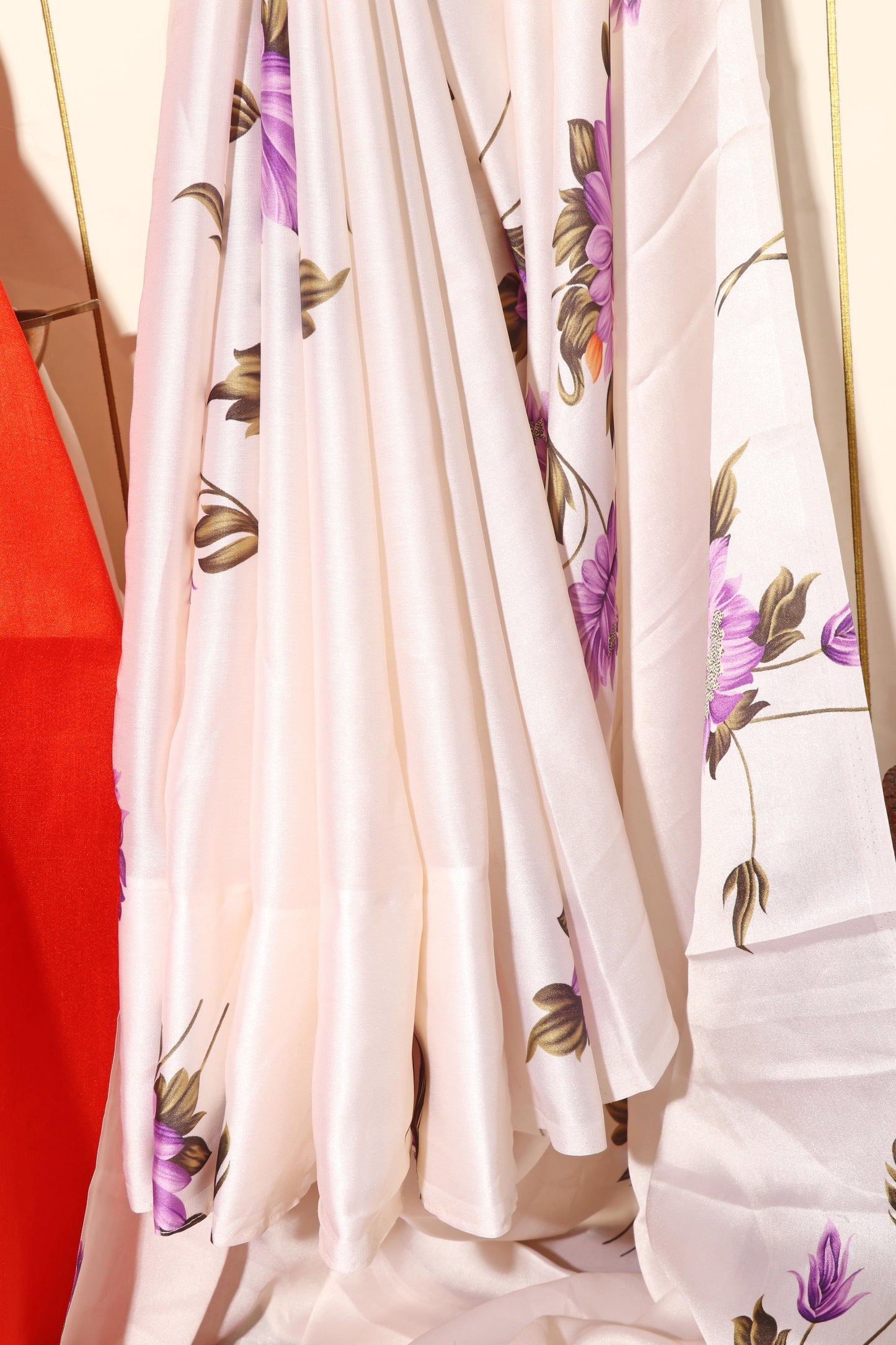 Pale Beige Satin Silk Saree with Purple Chrysanthemums & Orange Khadi Contrast Blouse 092