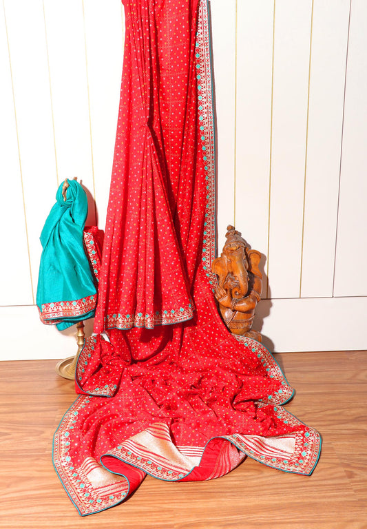 Rajnandini – Red Bandhani Georgette Saree with Gota Patti Border 130