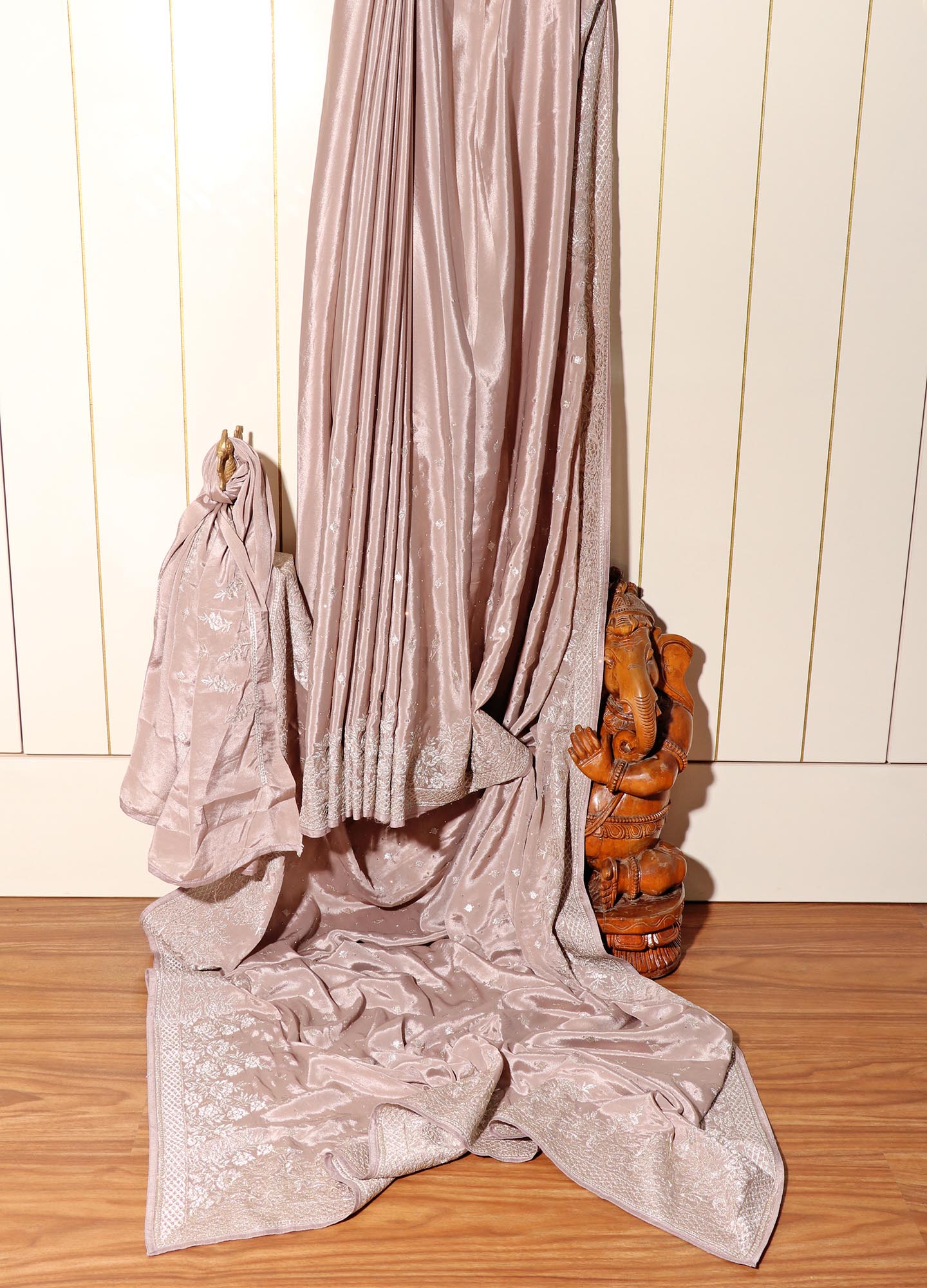 Mrinalini – Taupe Satin Georgette Saree with Silver Thread Embroidery 132
