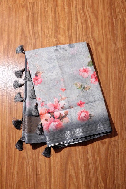 Neelkamal – Steel Grey Soft Silk Saree with Floral Print and Zari Border 134