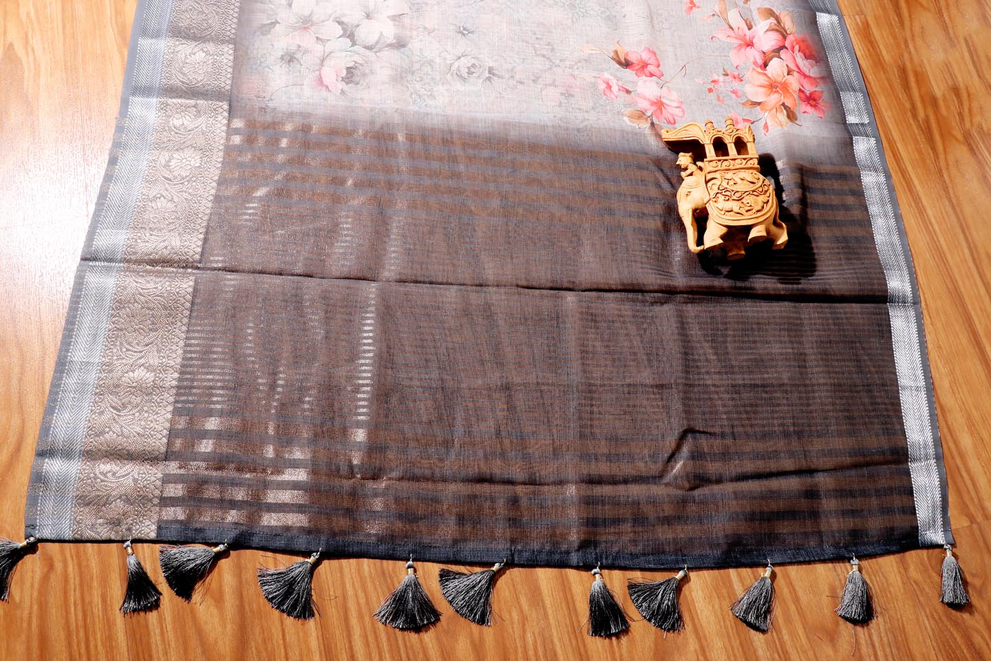 Neelkamal – Steel Grey Soft Silk Saree with Floral Print and Zari Border 134