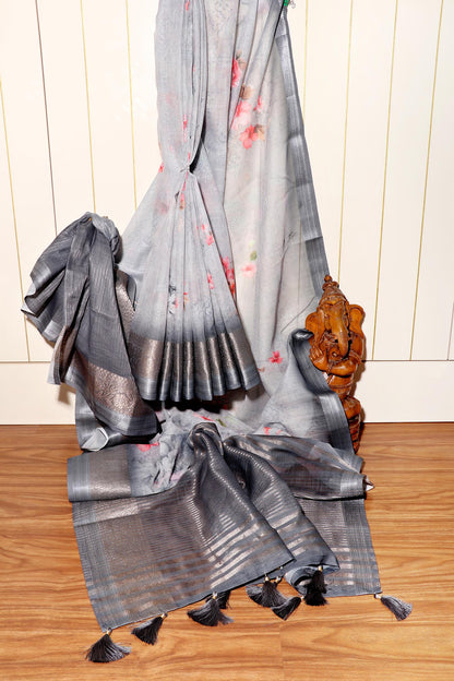 Neelkamal – Steel Grey Soft Silk Saree with Floral Print and Zari Border 134