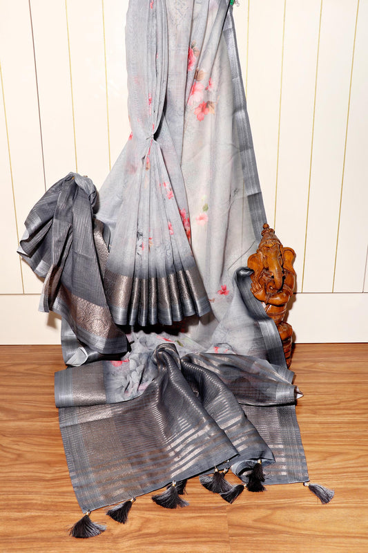 Neelkamal – Steel Grey Soft Silk Saree with Floral Print and Zari Border 134