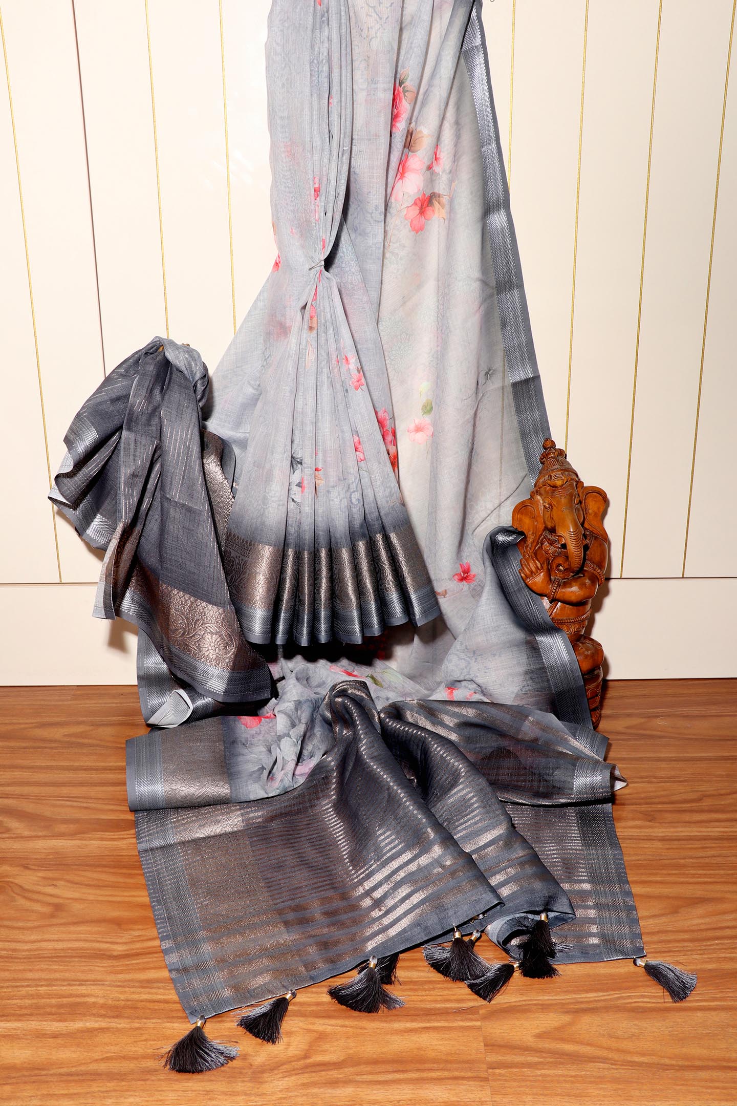 Neelkamal – Steel Grey Soft Silk Saree with Floral Print and Zari Border 134