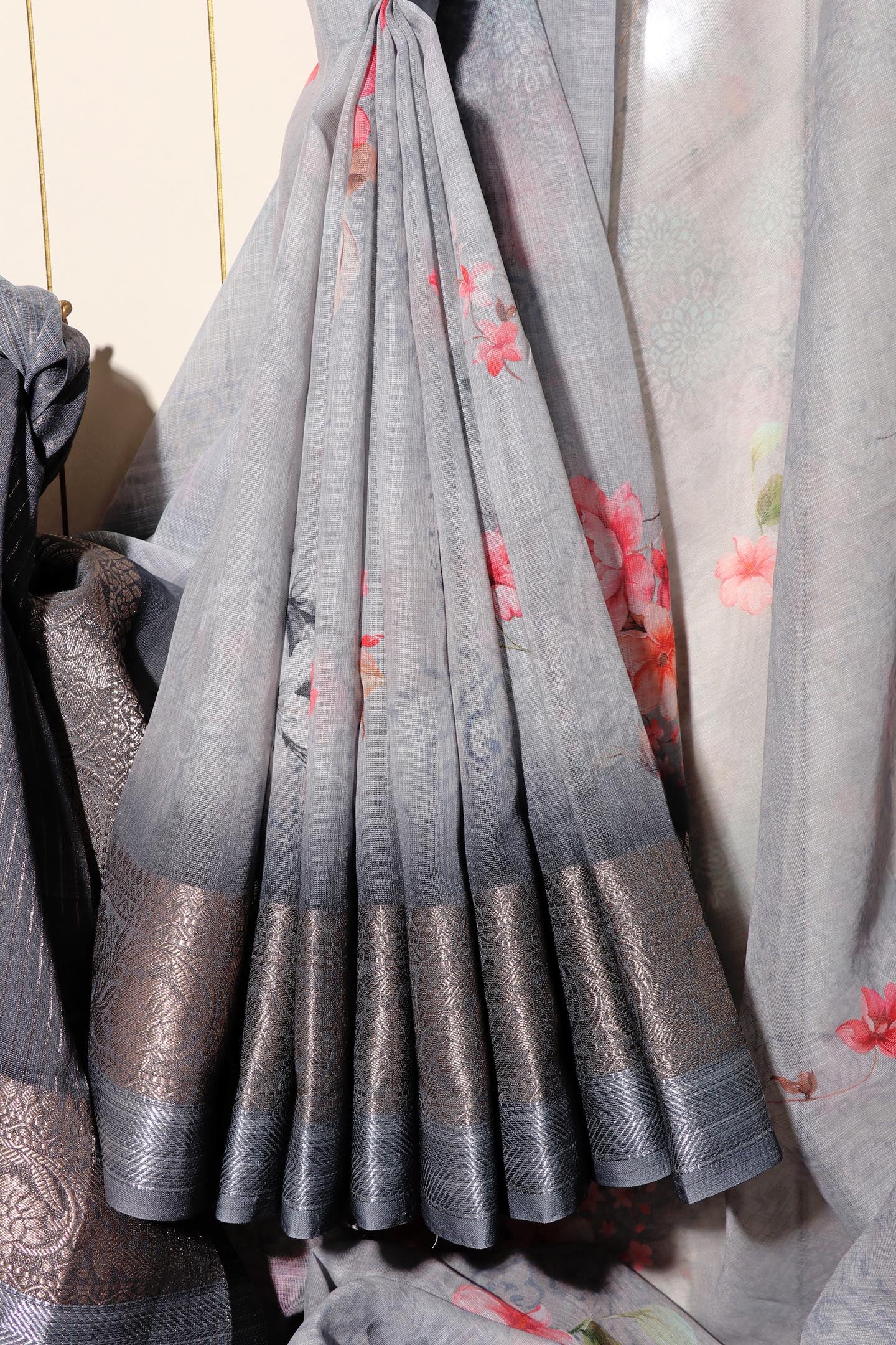 Neelkamal – Steel Grey Soft Silk Saree with Floral Print and Zari Border 134