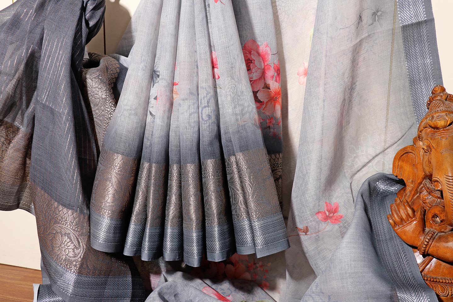 Neelkamal – Steel Grey Soft Silk Saree with Floral Print and Zari Border 134