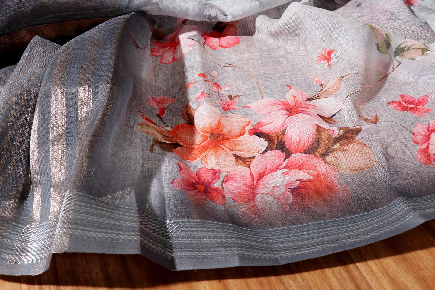 Neelkamal – Steel Grey Soft Silk Saree with Floral Print and Zari Border 134