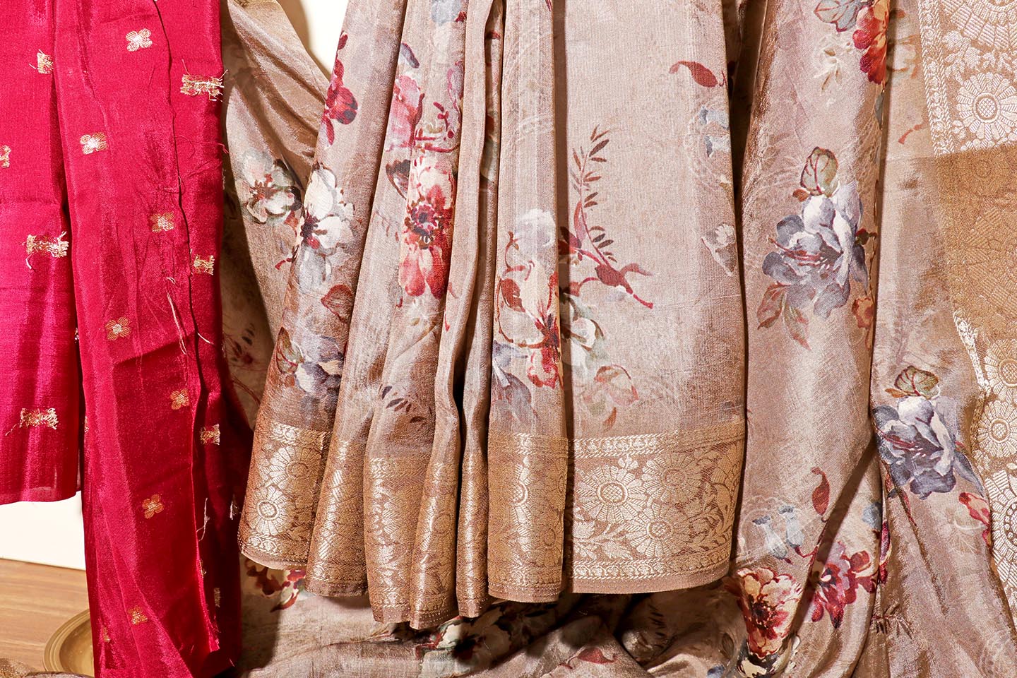 Vasundhara – Antique Gold Banarasi Silk Saree with Floral Print 135