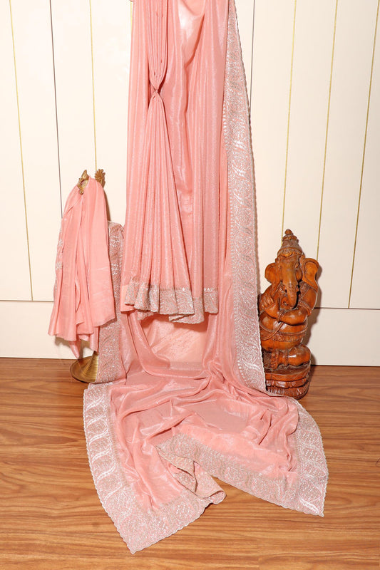 Varnika – Peach Satin Georgette Saree with Silver Embroidery 136