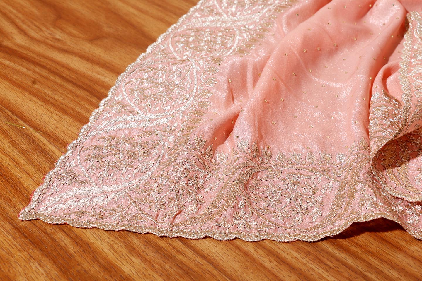 Varnika – Peach Satin Georgette Saree with Silver Embroidery 136
