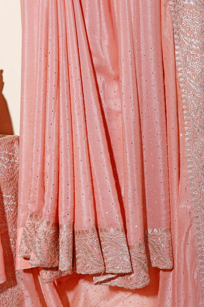 Varnika – Peach Satin Georgette Saree with Silver Embroidery 136