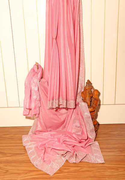 Tarunika – Baby Pink Satin Georgette Saree with Silver Zari Embroidery 138