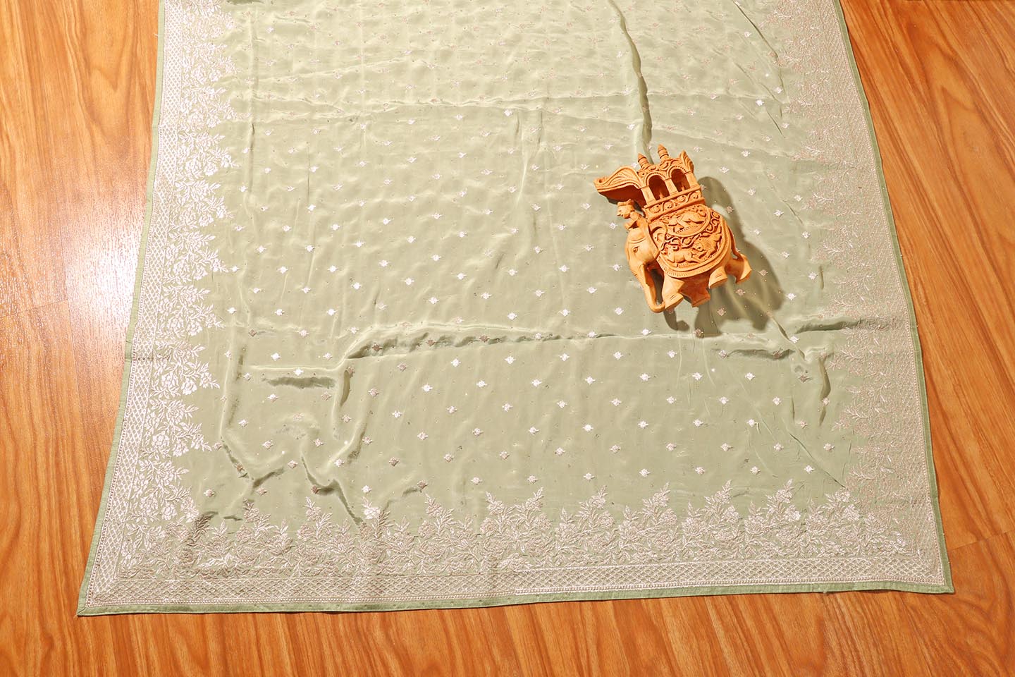 Karishma – Sage Green Satin Silk Saree with Silver Embroidery 141