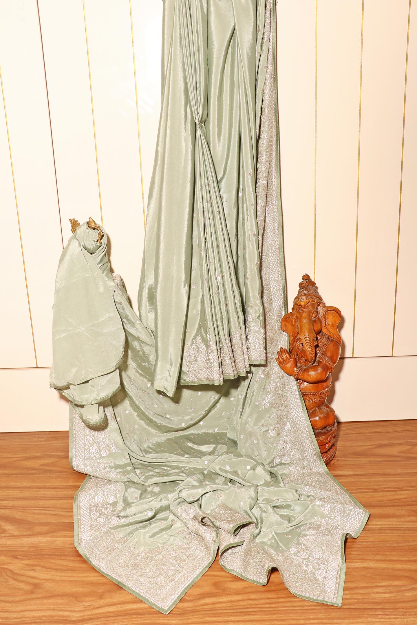 Karishma – Sage Green Satin Silk Saree with Silver Embroidery 141