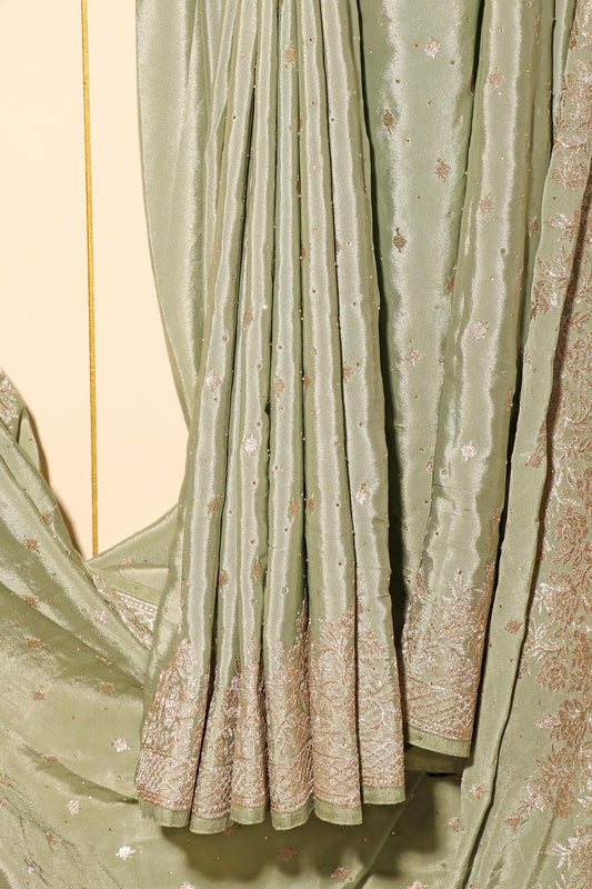 Karishma – Sage Green Satin Silk Saree with Silver Embroidery 141