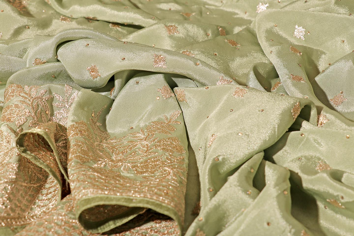 Karishma – Sage Green Satin Silk Saree with Silver Embroidery 141