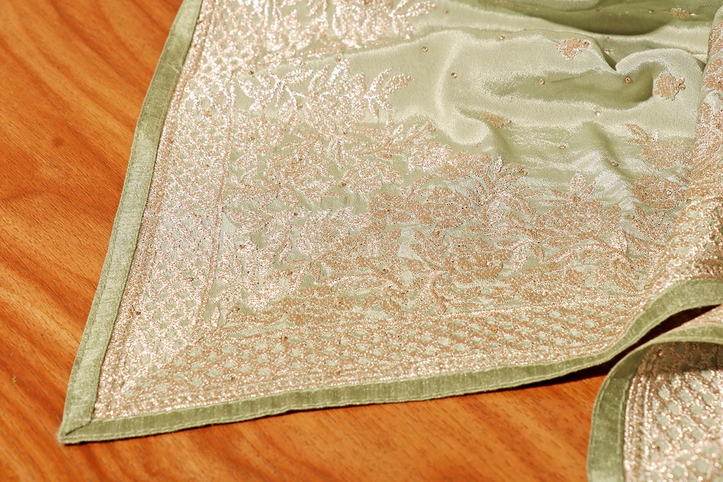 Karishma – Sage Green Satin Silk Saree with Silver Embroidery 141