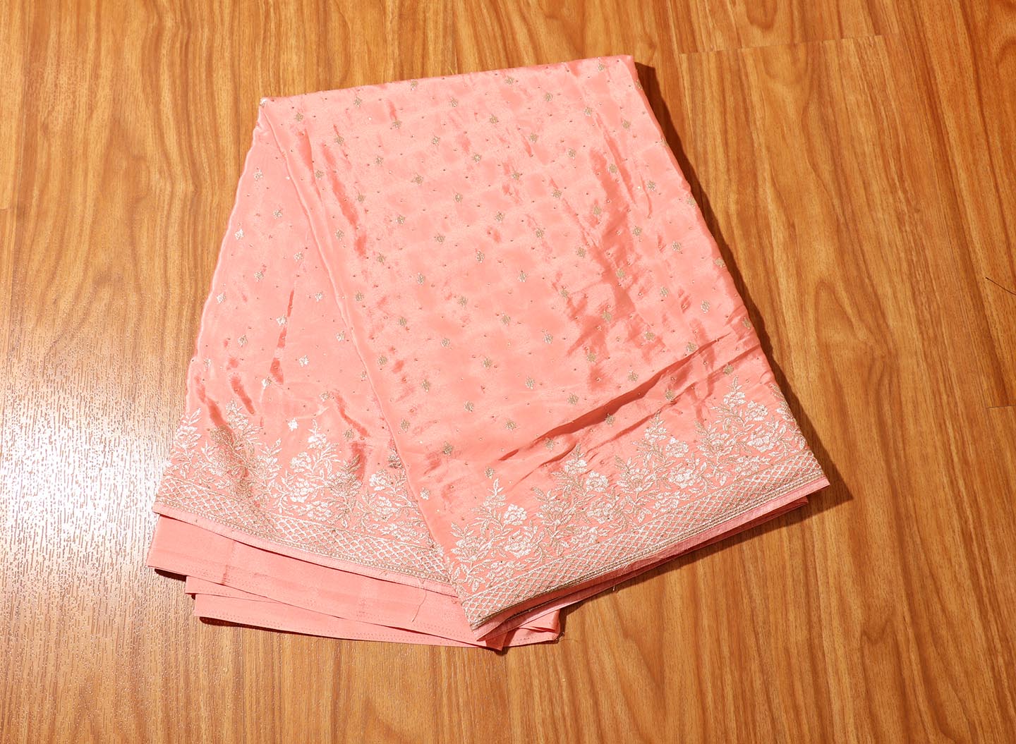 Gulnar – Blush Pink Satin Silk Saree with Silver Embroidery 142