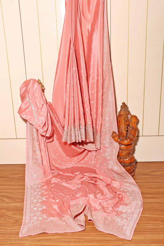 Gulnar – Blush Pink Satin Silk Saree with Silver Embroidery 142