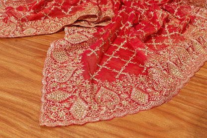 Saanjh  - A Crimson Sheer Organza with a Zari Border 157