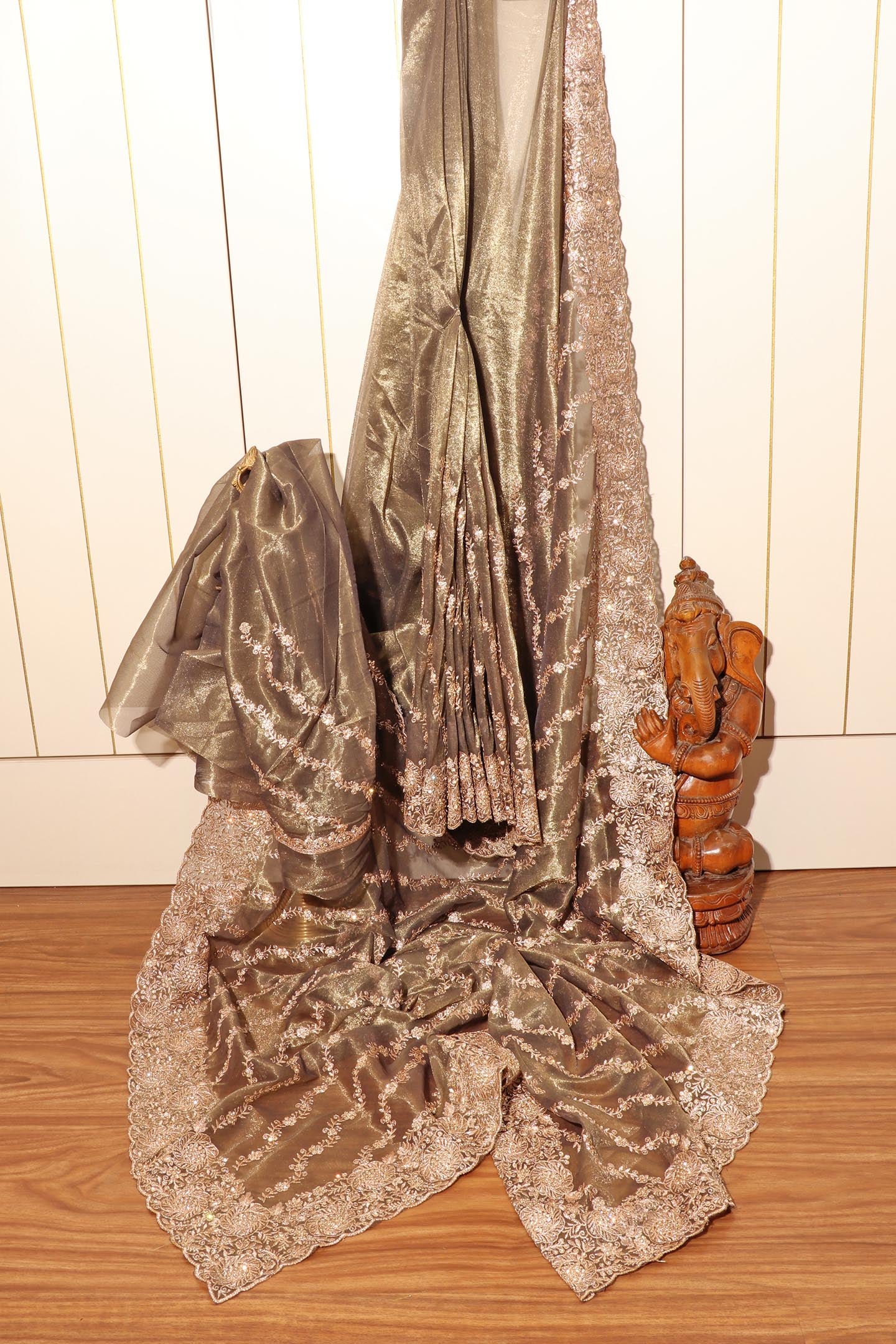 Noor-e-Chandi  - A Radiant Olive Green Sheer Tissue Organza 159
