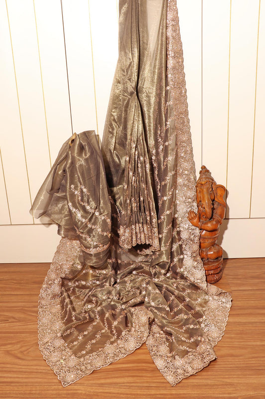 Noor-e-Chandi  - A Radiant Olive Green Sheer Tissue Organza 159